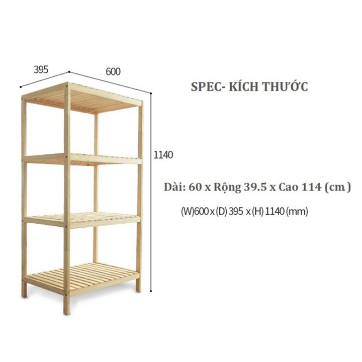 Kệ Để Lò Vi Sóng 4 Tầng Màu Tự Nhiên - Kích thước: 60 x 114 x 40 cm - Hàng Chính Hãng - Gỗ Thông Nhập Khẩu Newzealand