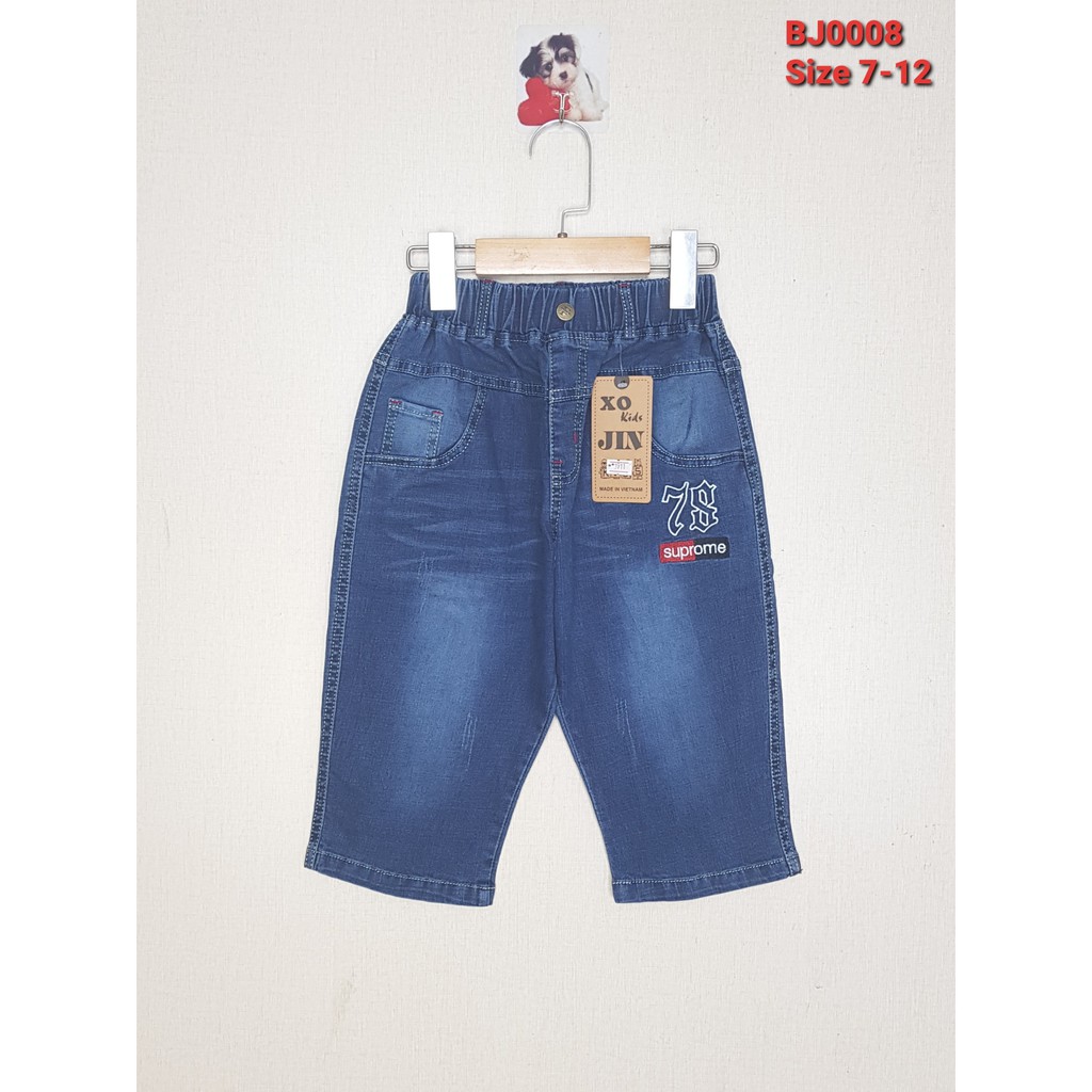 BJ0008- A1 Quần Jean nam lửng co giãn thêu 78, màu xanh đậm, hiệu XOKids, size 7-12