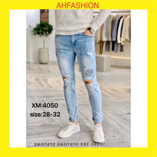 Quần jean nam đẹp co giãn rách gối xanh chất bò cao cấp mẫu mới nhất AHFASHION MS4050