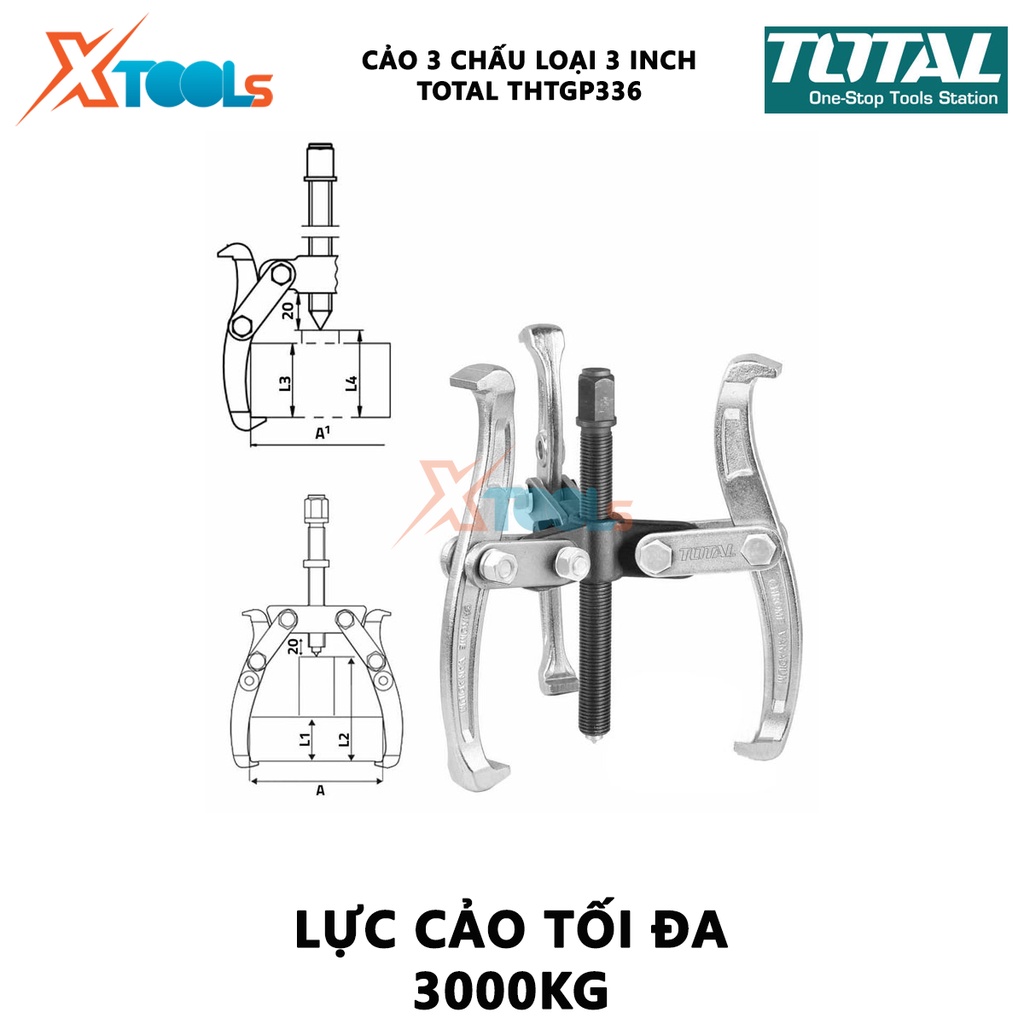 Cảo 3 chấu 3 inch TOTAL THTGP336 | cảo thủy lực Kích thước 3&quot;, Lực cảo tối đa 3000 kg, chất liệu bằng Cr-V, chịu nhiệt c