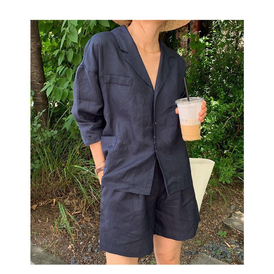 Set vest + short linen màu xanh navy SET094