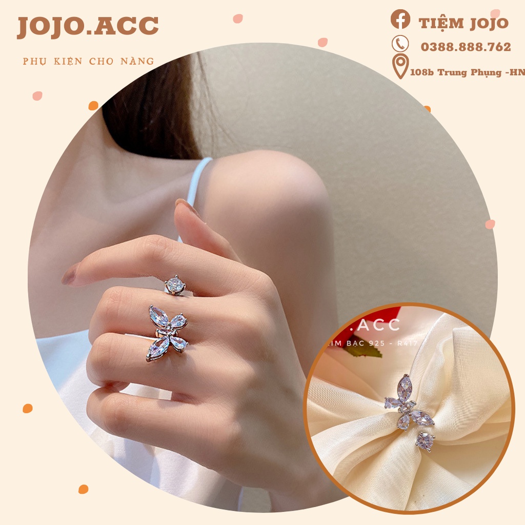Nhẫn nữ màu bạc con bướm mặt đá lấp lánh, sang trọng có chỉnh size JOJO.ACC