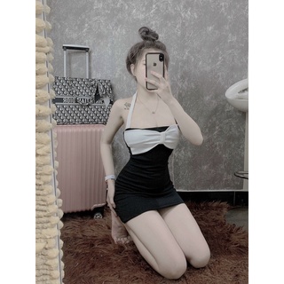 Đầm body yếm phối nơ trắng dáng ngắn sexy