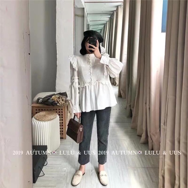Áo sơmi kiểu babydoll xếp ly phối bèo