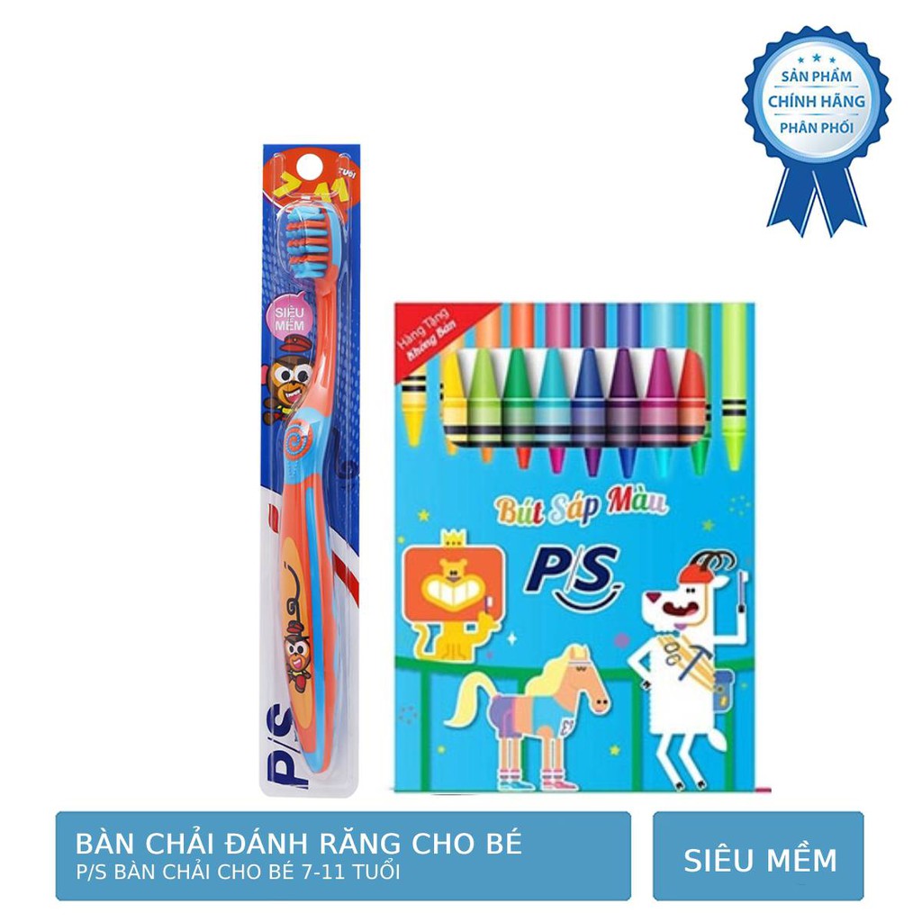 Bàn Chải Đánh Răng P/S Cho Bé 7-12 Tuổi Lông Tơ Siêu Mềm + Tặng Hộp Bút Sáp Màu