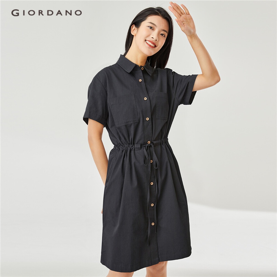 Đầm sơ mi GIORDANO 05462319 chất liệu cotton tay ngắn thoải mái eo thun co giãn phối dây rút thời trang