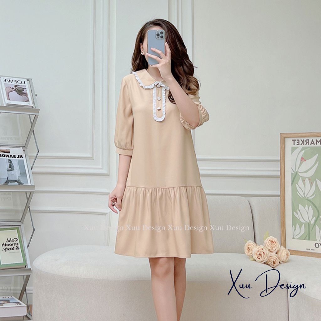 Váy nữ thiết kế XUU dáng babydoll tay lỡ cổ phối viền thanh lịch vải tơ mềm mịn - V13