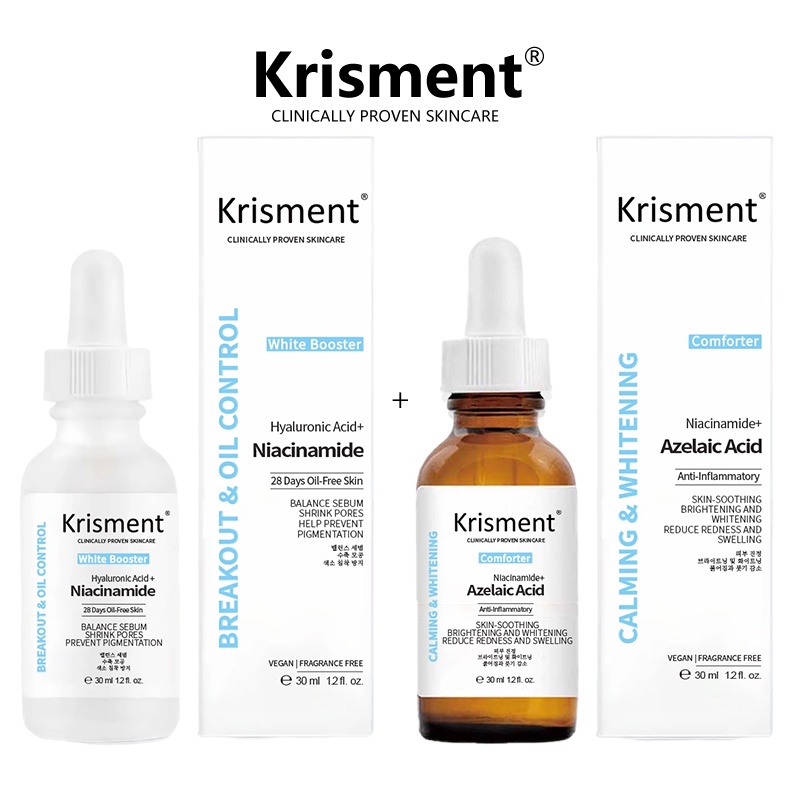 Bộ serum Krisment chứa acid hyaluronic + niacinamide + acid azelaic giảm mụn trứng cá và sẹo mụn làm sáng da 30ml