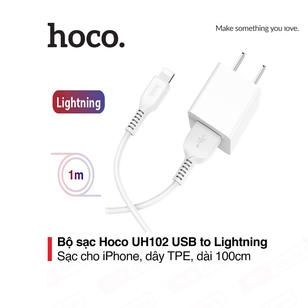 Bộ sạc 1A Hoco UH102 chân dẹt 1 cổng USB kèm dây sạc Lightning cho iPhone/iPad dài 1M