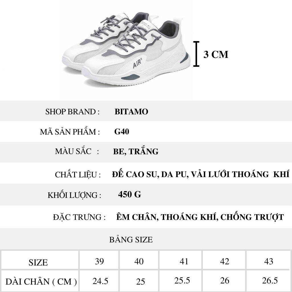 Giày nam cổ thấp độn đế cao cấp đế bằng buộc dây đi học công sở thoáng khí size 39 đến 43 BITAMO G40 | BigBuy360 - bigbuy360.vn