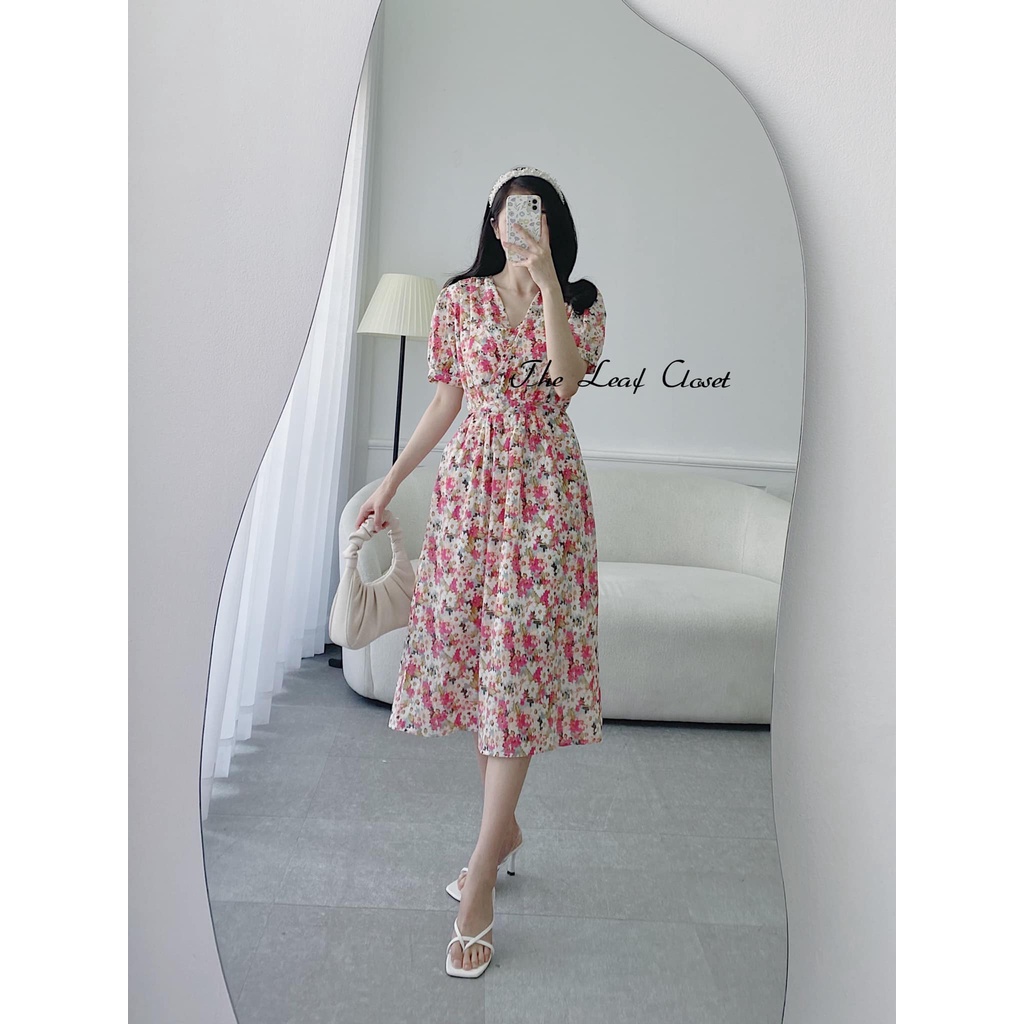 Đầm thiết kế cao cấp The Leaf Closet - Đầm hoa cổ đắp chéo thắt dây nơ eo