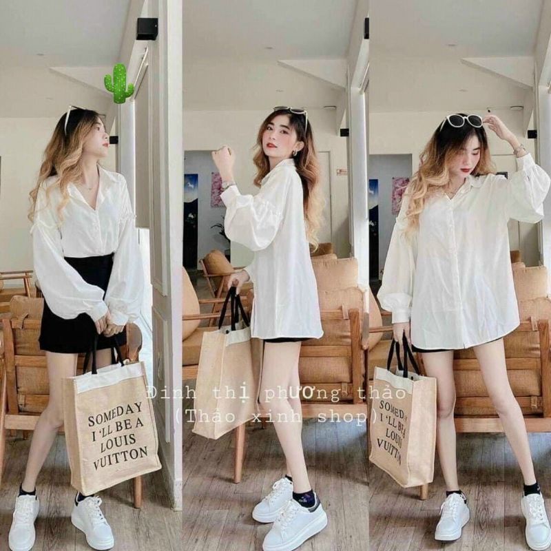 🅰️ Áo sơ mi trắng tay dài phồng, cổ sâu chất kate lụa mềm mịn mát, form rộng cho nàng <55kg