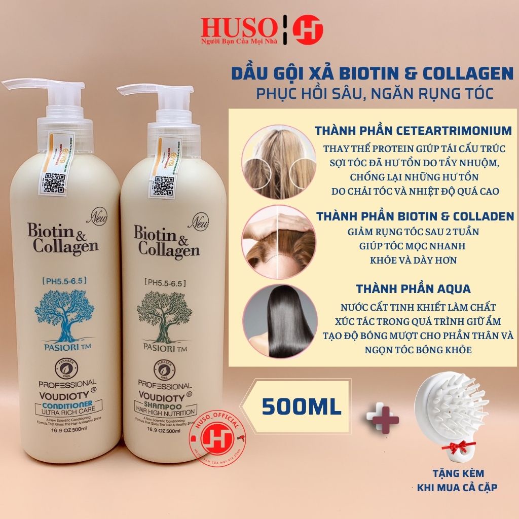 Dầu gội xả Biotin Collagen 500ml mềm mượt, giảm rụng tóc, kích mọc tóc, phục hồi tóc khô xơ - HUSO