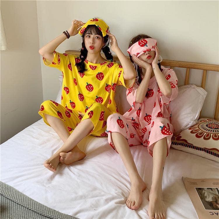 Đồ Bộ Pijama Thun Cotton Tay Ngắn Quần Lửng Họa Tiết Hoạt Hình Dễ Thương Tặng Kèm Túi P2