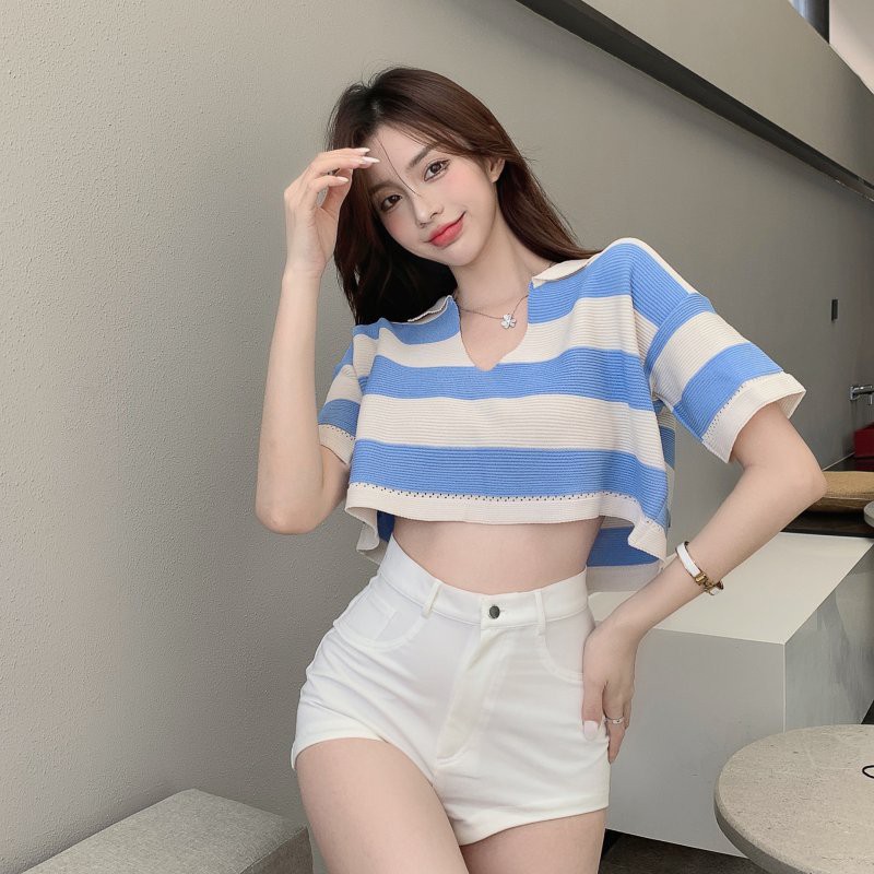 QADCOL Áo dệt kim tay ngắn cổ chữ v dáng rộng kẻ sọc ngang trẻ trung