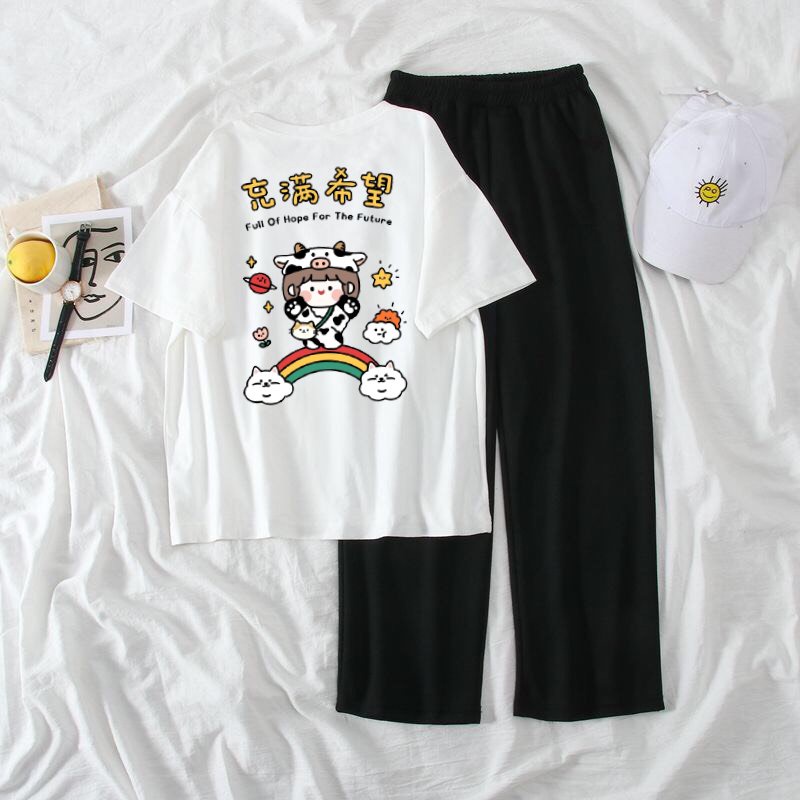 Sét áo phông Cô bé bò sữa + quần suông đen, Áo thun from rộng, Chất đẹp không xù, quần suông ống rộng, Sét bộ mặc ở nhà