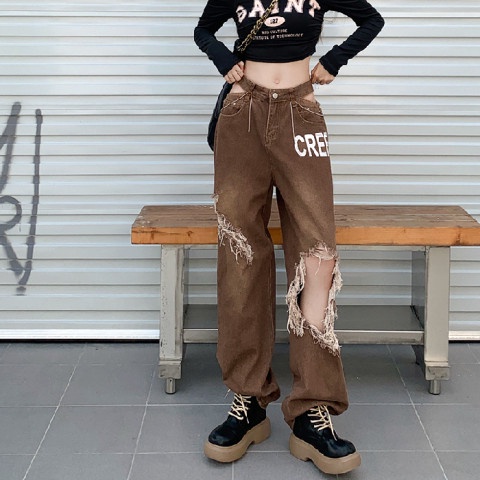 Quần jean dài ống rộng thiết kế rách lỗ thời trang dành cho nữ