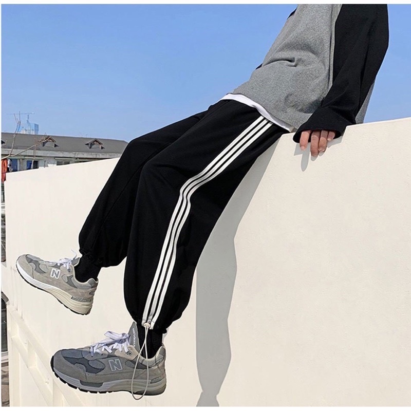 Quần thun jogger thể thao 3 sọc có dây rút  Nam nữ unisex  Quần thun ống suông form rộng