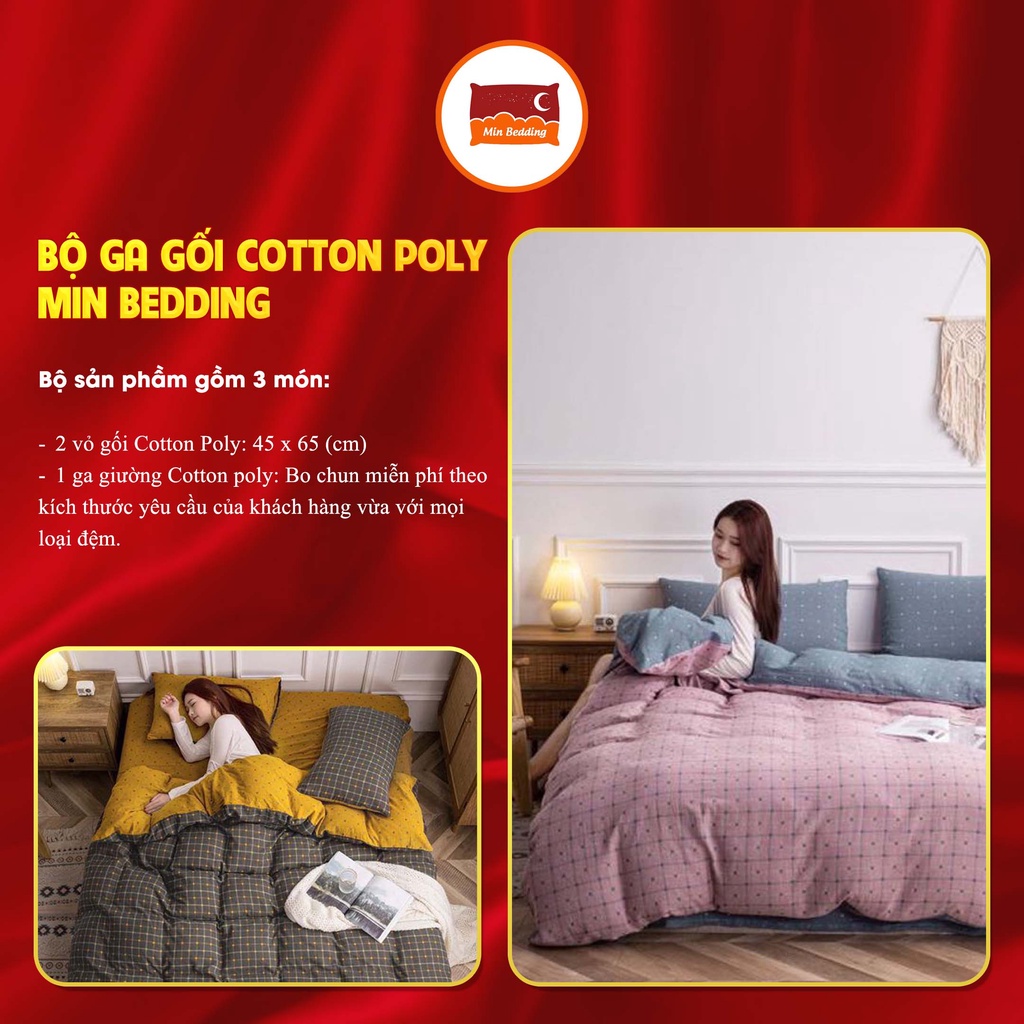 Combo Bộ Ga Giường và 2 Vỏ Gối Cotton Poly Được Chọn Mẫu, Ga Nệm Bo Chun Miễn Phí - Min Bedding