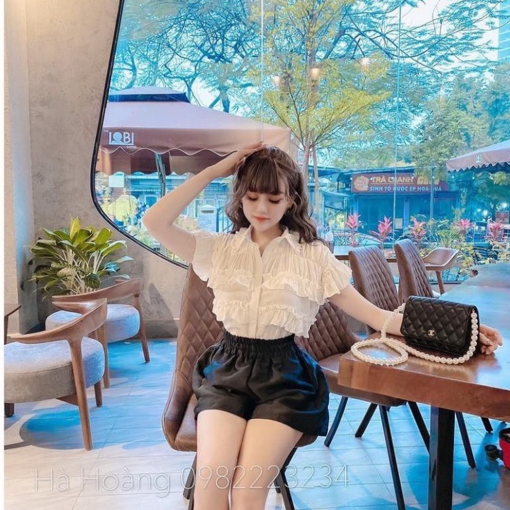 Áo sơmi trắng nhún bèo tầng ngắn tay đính ngọc xinh xẻo xa hoa A116 Nội Y Xanh hàng đẹp trendy - nội y xanh