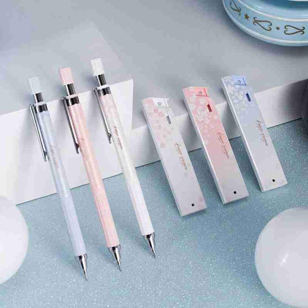 Set Bút Chì Bấm Ngòi 0.5mm Vỏ Cao Su Họa Tiết Hoa Anh Đào Dễ Thương