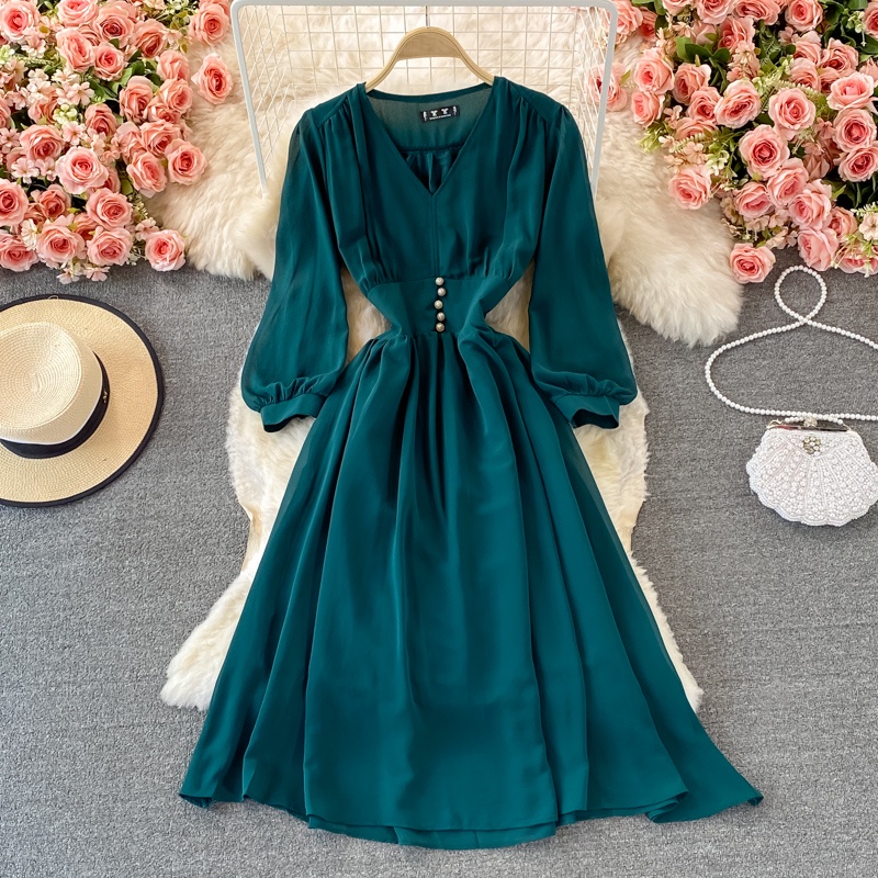 Đầm voan cổ V tay phồng phong cách Hepburn vintage Pháp cho nữ