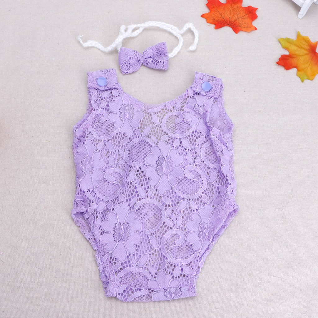 Áo liền quần ren đính hở lưng có băng đô nơ thời trang dành cho bé gái