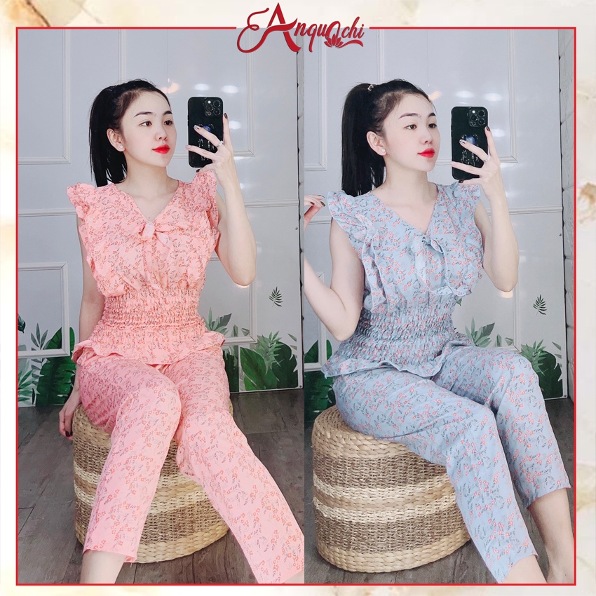 Đồ Bộ Nữ Mặc Nhà Anquachi Quần Dài Lụa Hoa Nhí Lưng Thun Mặc Ở Nhà Đẹp Đi Chơi Dễ Thương S068