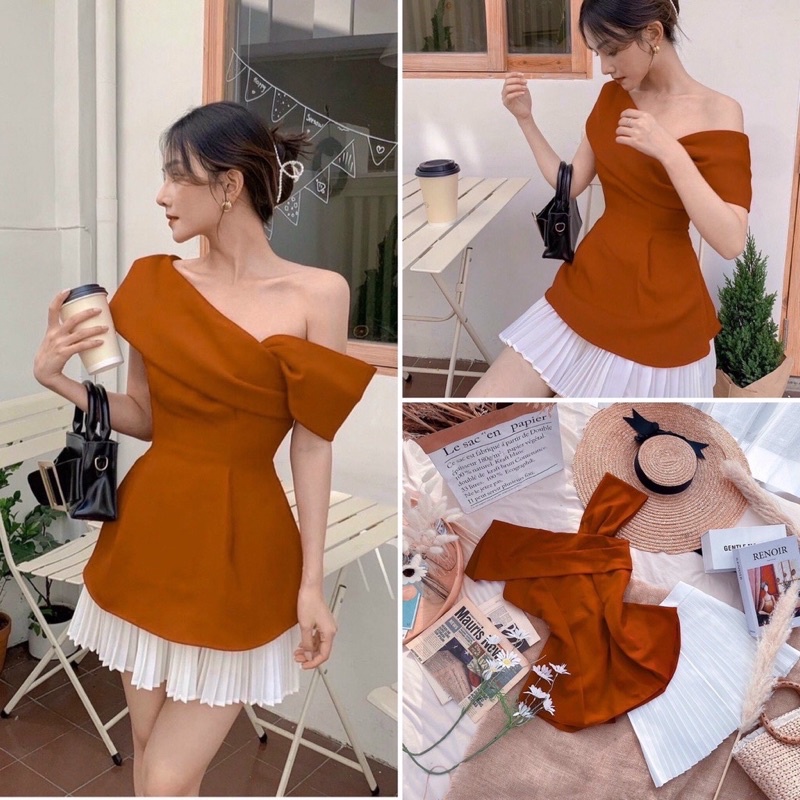 Sẵn Set áo lệch vai với chân váy xếp li , dập ly