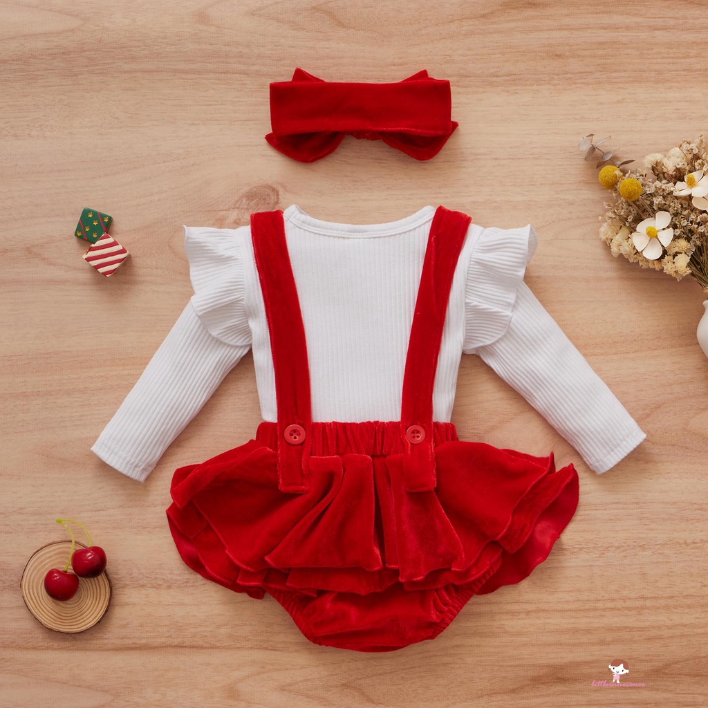 Set đồ giáng sinh gồm áo tay dài màu trơn + quần yếm + băng đô dành cho bé gái sơ sinh 7 tuổi