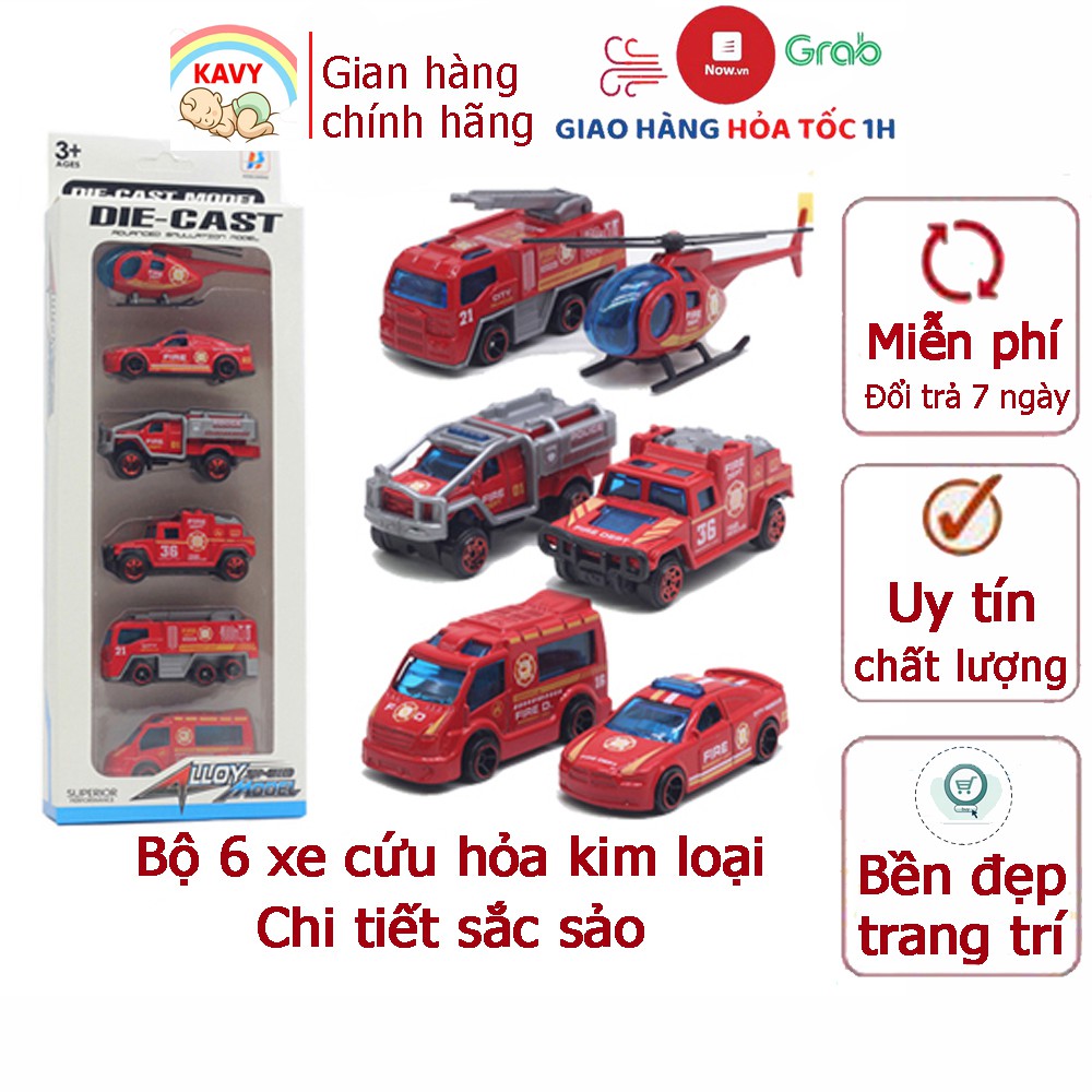 Xe ô tô đồ chơi set 6 xe cứu hỏa cảnhsát cho bé KAVY bằng kim loại nguyên khối bền bỉ có thể trang trí