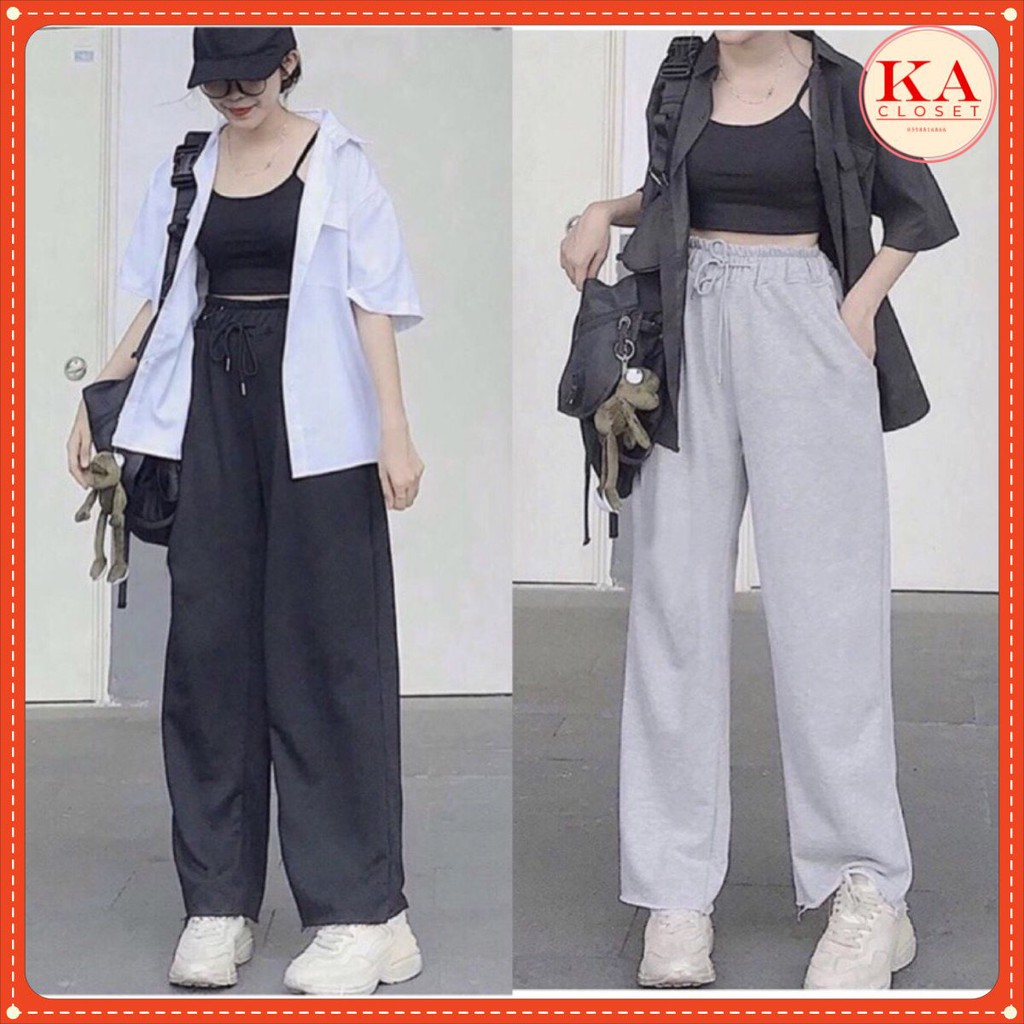 Quần ống rộng trơn KA Closet 2 Màu Unisex Hot Đen Xám chất nỉ ép không xù 40-60kg