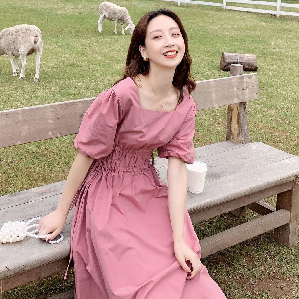 Đầm chữ A tay phồng cổ vuông thắt dây eo plus size phong cách retro Pháp