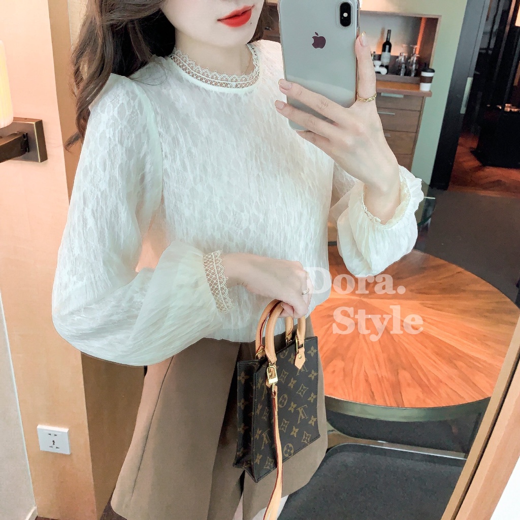 Áo Kiểu Dài Tay Cổ Phối Ren 2 Lớp Thời Trang Cho Nữ M588 DoraStyle
