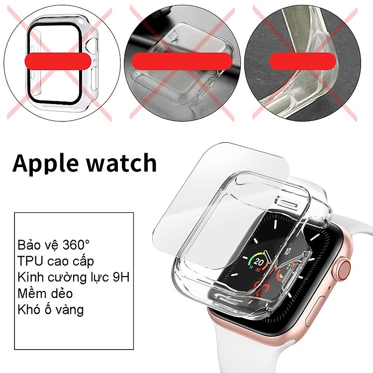 Ốp Case Bảo Vệ TPU Trong Suốt &amp; Mặt Kính Cường Lực dành cho Apple Watch Series 4/5/6/SE (Size 40mm/44mm).