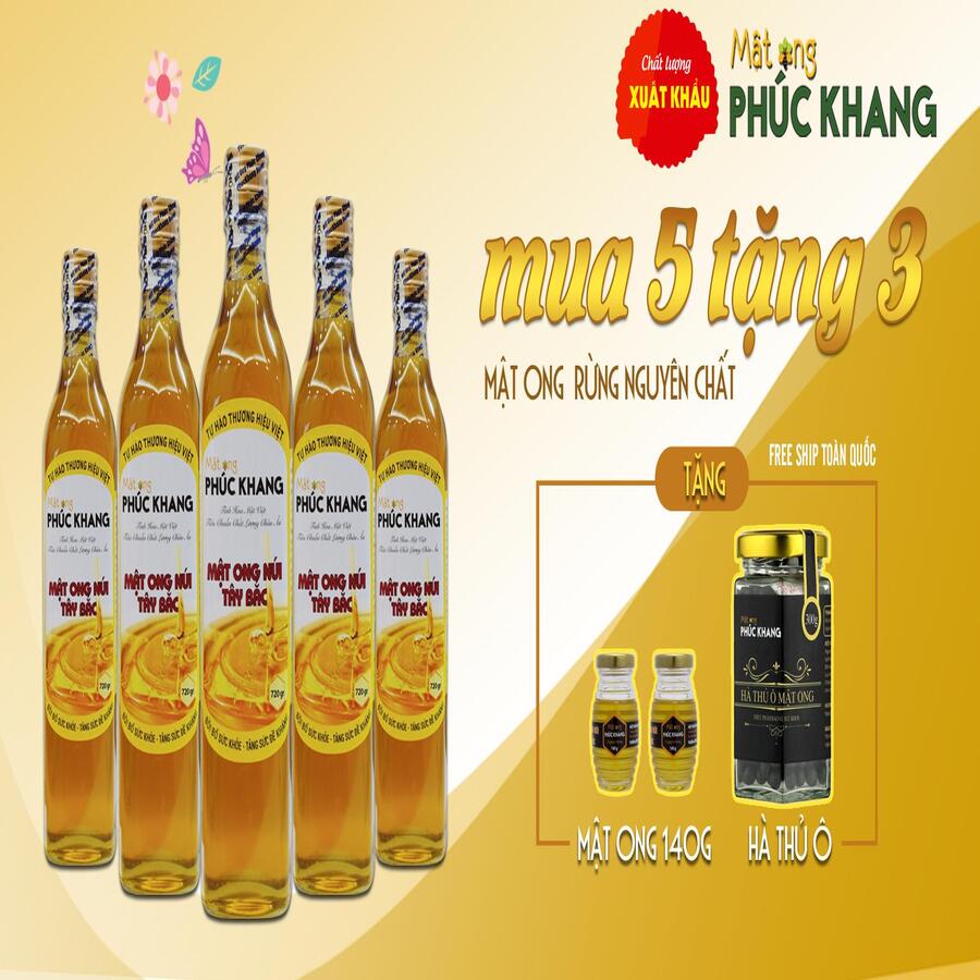 Mật ong rừng Tây Bắc Phúc Khang 720G -Combo 5 chai-  Thu hoạch tự nhiên - Nguyên chất - Đạt chuẩn xuất khẩu