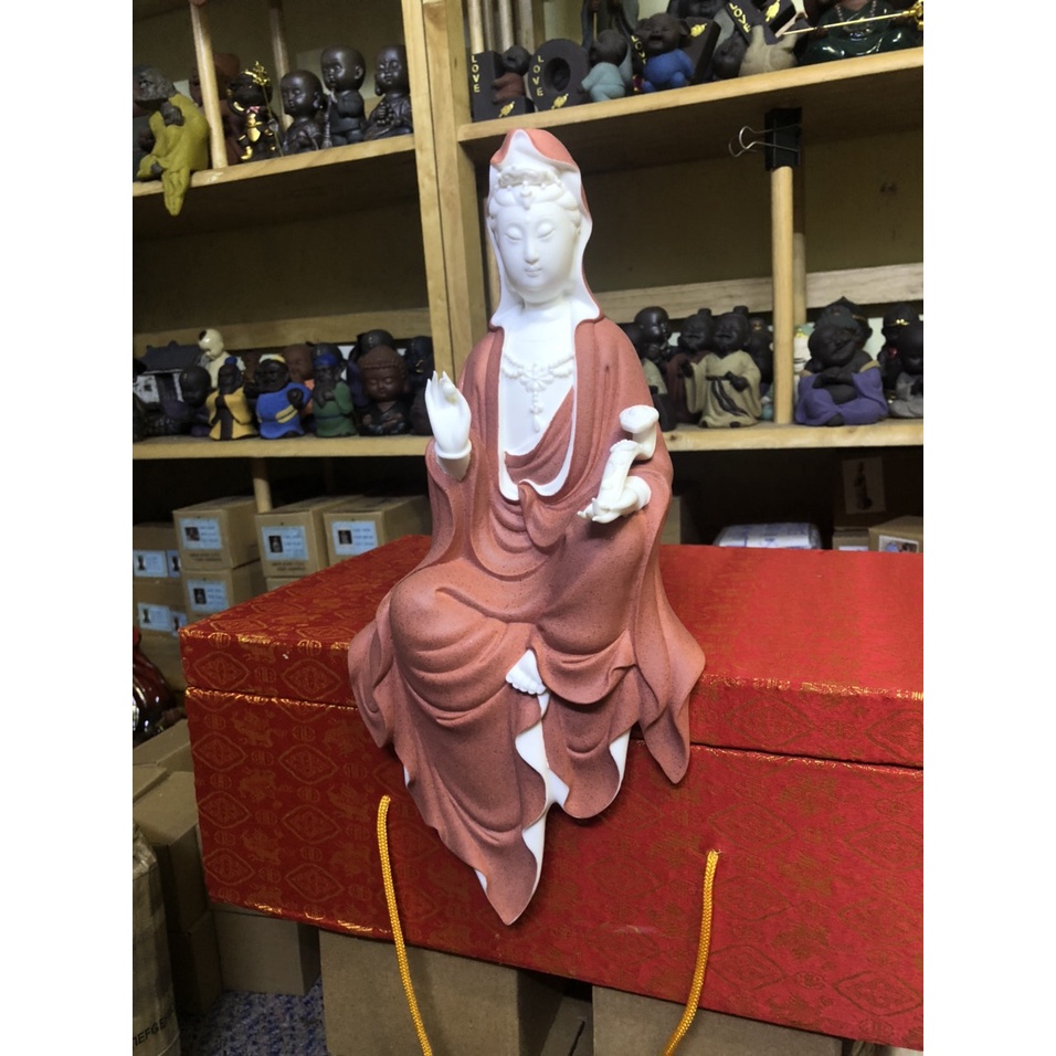 Tượng Quan Âm cầm bạch ngọc tịnh tâm- Tượng Quan Âm Bồ Tát trang trí không gian thanh tịnh- Tượng gốm trắng siêu đẹp