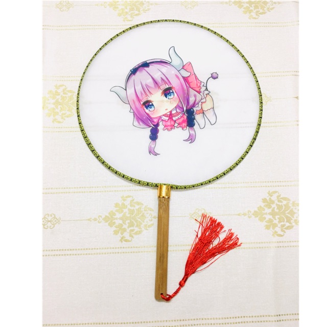Quạt maid dragon vải lụa cán gỗ
