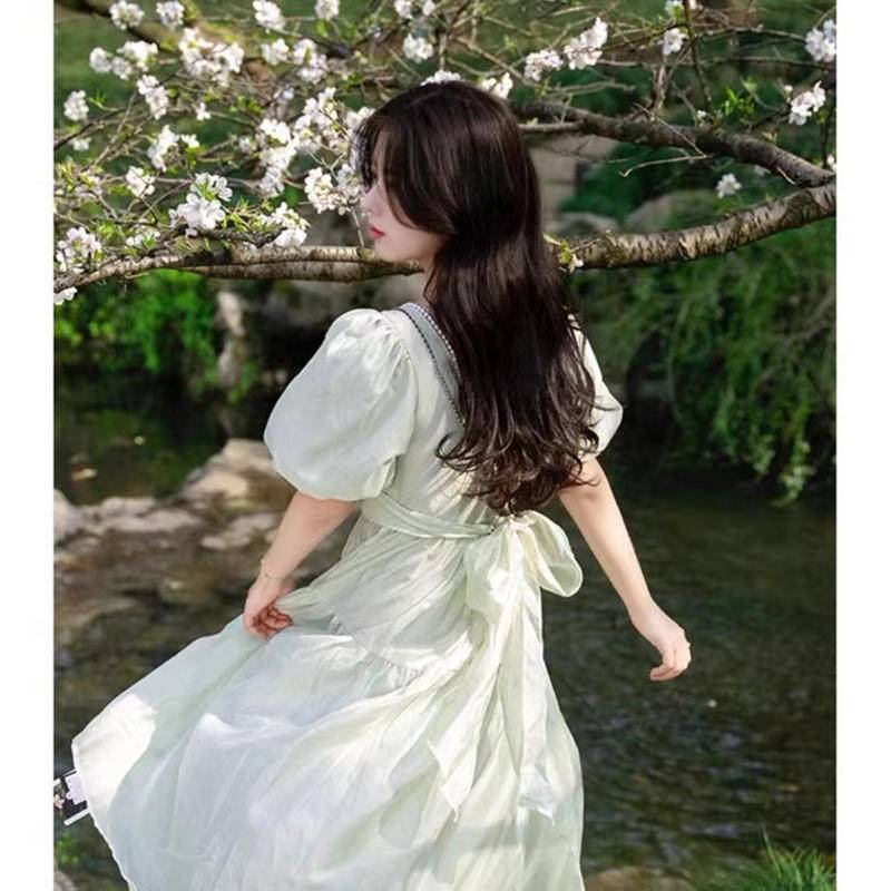 Đầm Tay Phồng Ngắn Lưng Phối Nơ Kiểu Pháp Dễ Thương