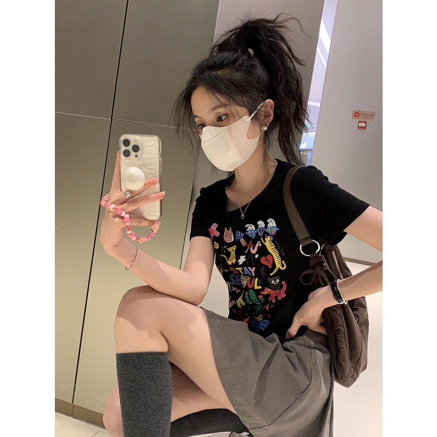 Áo Thun Tay Ngắn Cổ Tròn Màu Đen In Họa Tiết Hoạt Hình Phong Cách Hàn Quốc Thời Trang Cho Nữ