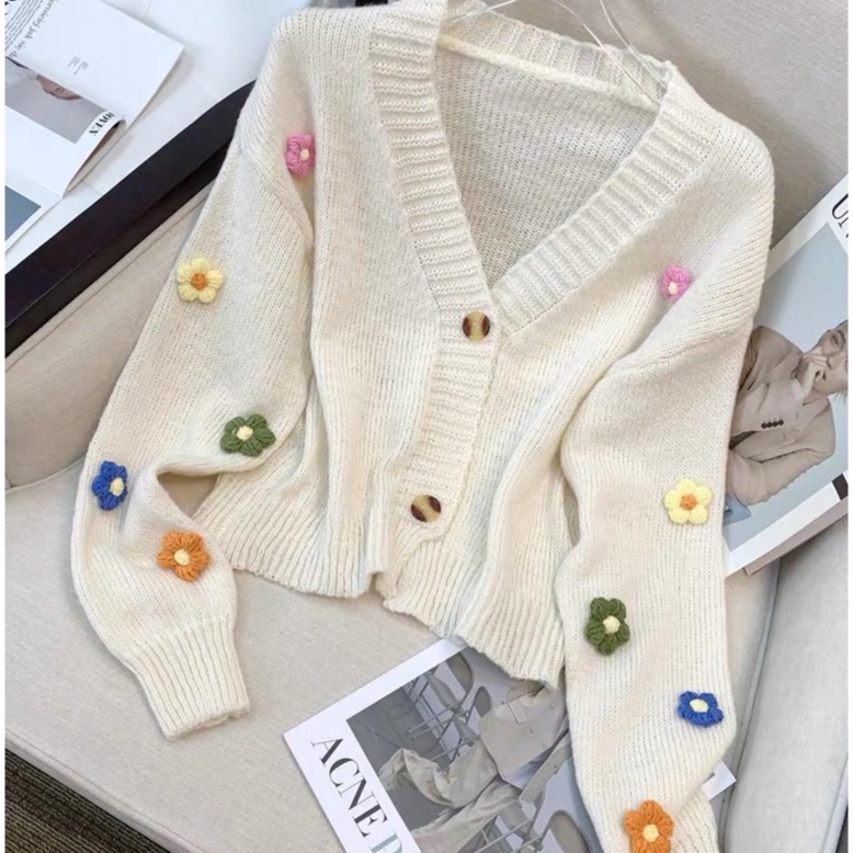 Áo khoác cardigan nữ ullzzang vải len dệt kim cao cấp phối hoa Bingshop