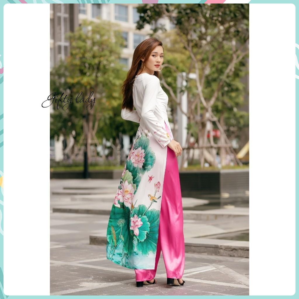 Áo Dài Truyền Thống Nữ Trắng Cổ Tròn, Áo Dài Vải Lụa In Họa Tiết Hoa Sen Đẹp, Tinh Tế, Form Dáng Ôm Nữ Tính, Giftylady | BigBuy360 - bigbuy360.vn