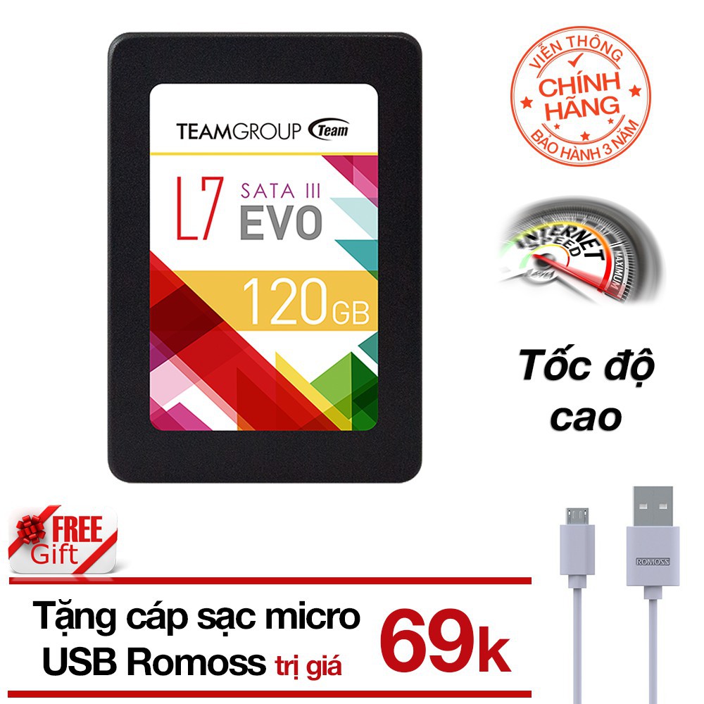 (Tặng cáp) Ổ cứng SSD 120GB Team L7 EVO Sata III (BH 3 năm) tặng Cáp micro USB tròn Romoss - Hãng phân phối chính thức