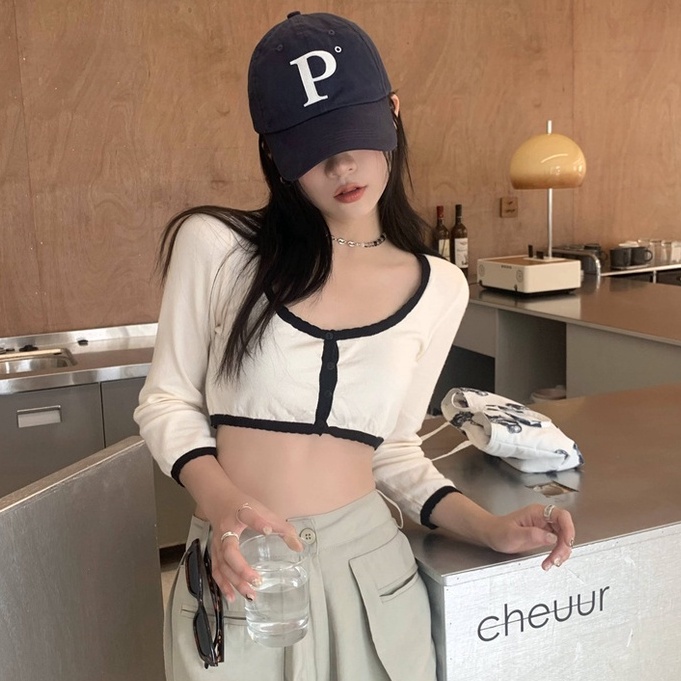 Ihkke Áo sweater cổ vuông dáng ôm màu tương phản dễ phối đồ
