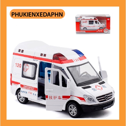 Đồ chơi xe cứu thương mini có nhạc và đèn chạy cót mở được tất cả các cánh cửa 1:32