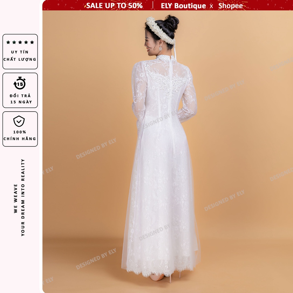 Áo dài cưới truyền thống 3 lớp 6 tà ELY Boutique, áo dài trắng đính kết hạt ELR06