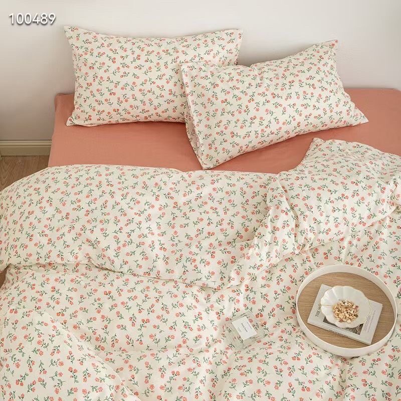 Bộ Chăn Ga Gối Cotton Living Hàng Nhập Khẩu Cao Cấp 4 Món Hoa Nhí Vintage Hồng