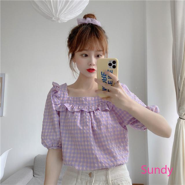 Áo sơ mi tay ngắn rộng rãi cổ vuông kẻ sọc phong cách Hàn Quốc thời trang mùa hè cho nữ