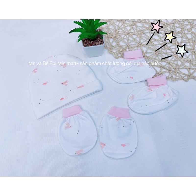 Set mũ nón, bao tay, bao chân sơ sinh Cún Con cotton mềm mại