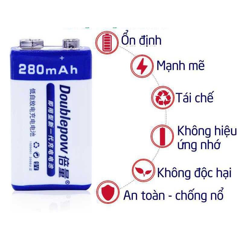 Combo Bộ Sạc Pin đa năng (Sạc cho pin tiểu, pin vuông) Tặng 2 pin sạc 9V 280mAh Doublepow